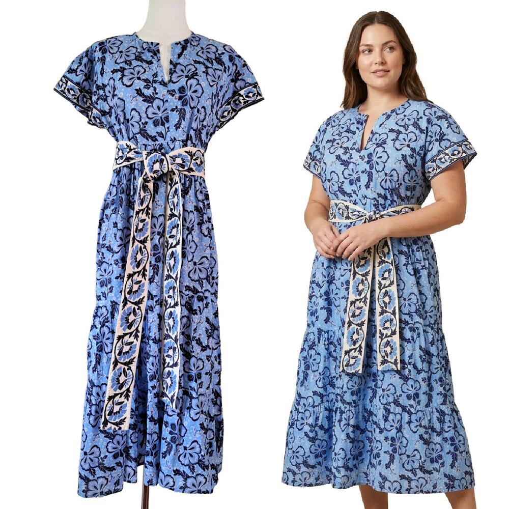 BINDU Blue Floral Cotton Block Print Tiered Midi Dress Belted Boho Large